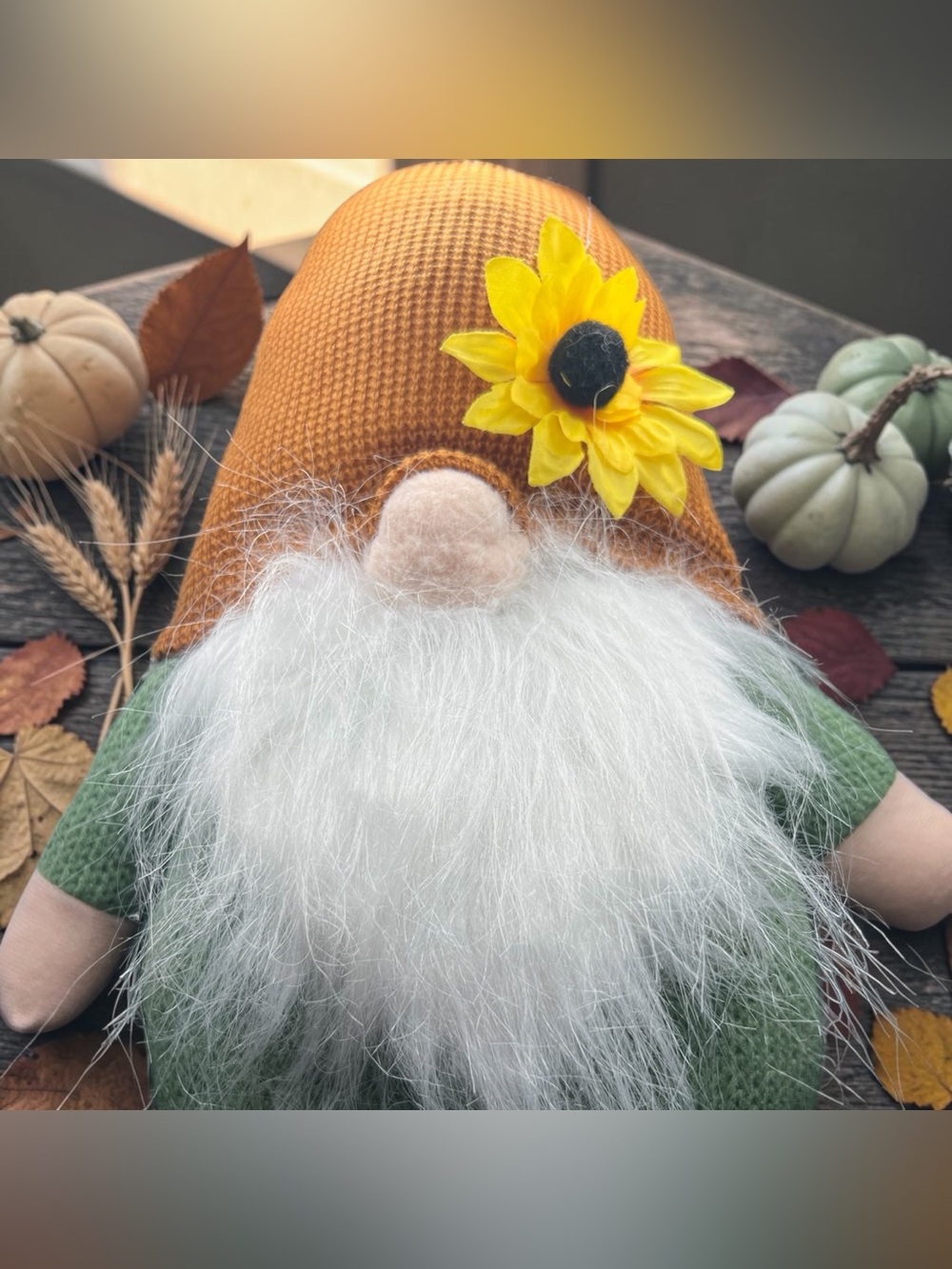 🌻 Harvest Orange Large Table Gnome Plush Decor Green Sweater Weighted Bottom 🍁